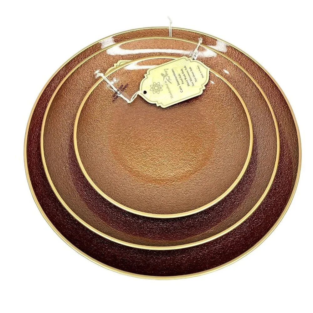Turkish Glass 4 Entree Dinner Plates Set Brown Bronze Textured Gold Rim 11